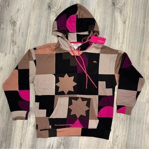 NWT Terez Neutral Mod Hoodie Sweatshirt 100% Cotton Brown Pink Abstract Size XS